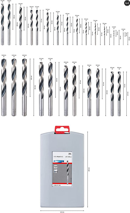 25tlg. HSS Spiralbohrer PointTeQ Set (für Metall, ProBox, Zubehör Bohrschrauber), Grau, Ø 1-13 mm