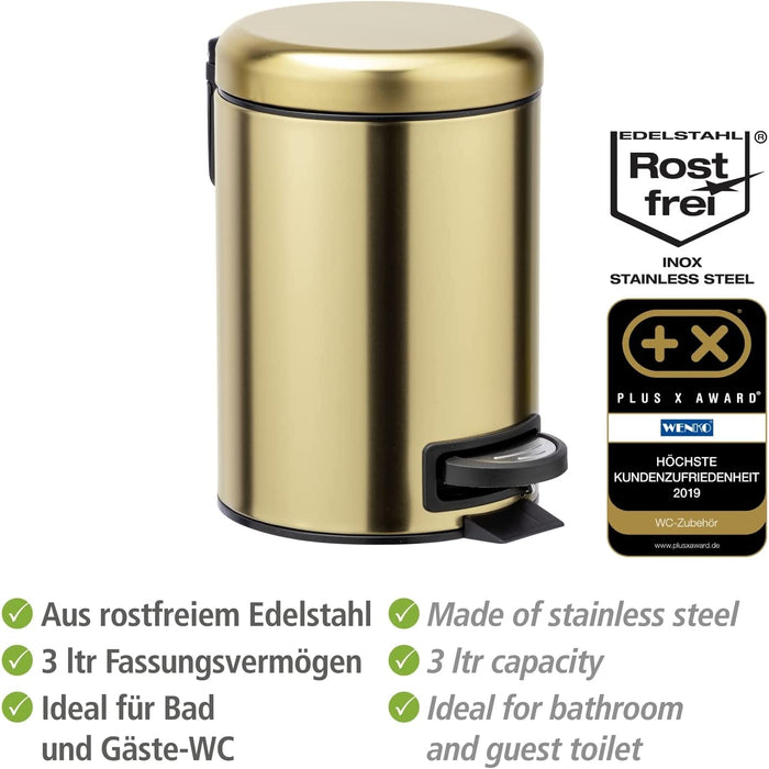 Kosmetik Treteimer Leman Gold matt 3 L - Kosmetikeimer, Mülleimer mit Anti-Fingerprint Fassungsvermögen 3 l, Edelstahl rostfrei, Gold