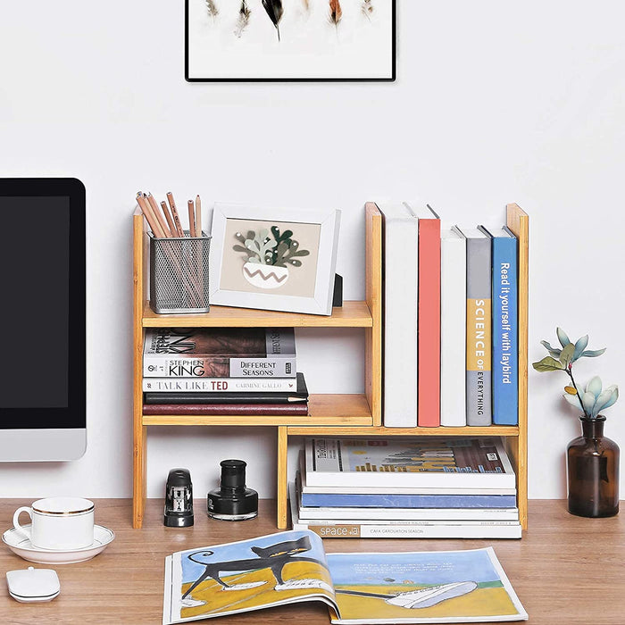 3 verstellbarer Ablagesystem Tisch-Organizer, platzsparendes DIY-Tischregal, kleines Bücherregal, Büro, Küche, Bad, Naturbambus