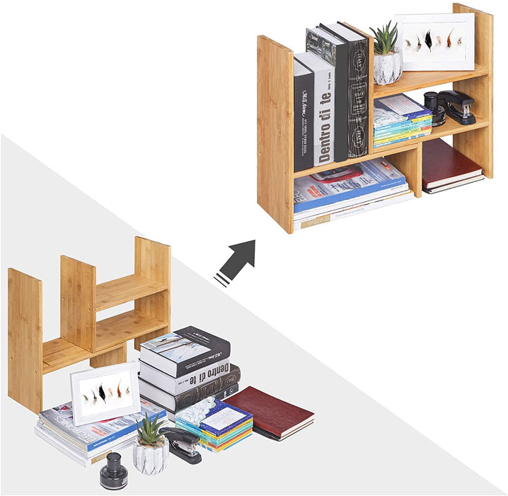 3 verstellbarer Ablagesystem Tisch-Organizer, platzsparendes DIY-Tischregal, kleines Bücherregal, Büro, Küche, Bad, Naturbambus