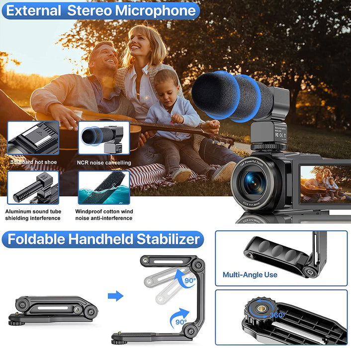 4K Videokamera Camcorder UHD 48MP WiFi IR Nachtsicht Vlogging Kamera,16X DigitalZoom 3" IPS 270°Drehbarer Touchscreen YouTube Camera