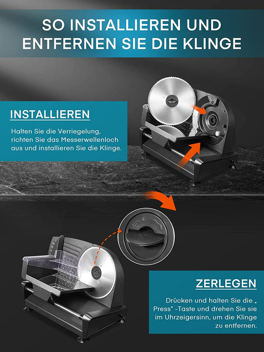 Allesschneider 200W, Brotschneidemaschine Elektrischer mit Zwei 19cm Edelstahlklingen, Wurstschneidemaschine mit Verstellbare Küchenmaschine 