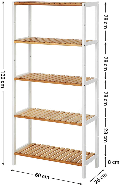 Badregal, Badezimmerregal mit 5 Ebenen, Standregal, aus Bambus, 9-stufig höhenverstellbar, multifunktional, für Wohnzimmer, Flur, Küche