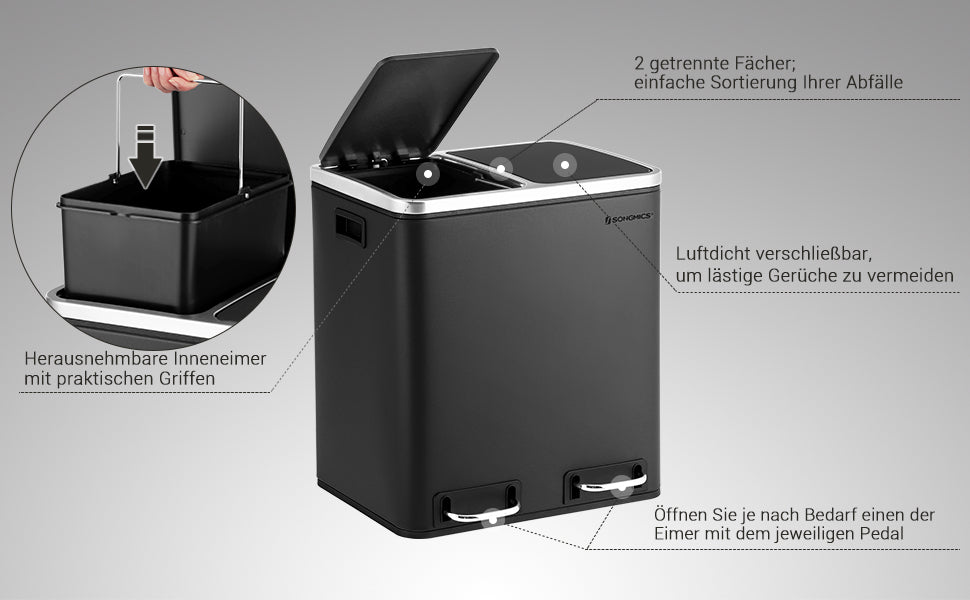 Mülleimer für die Küche, 30 L, Mülltrennung, Abfalleimer aus Metall, Treteimer mit Inneneimern und Griffen, Mülltrennsystem, 2 x 15 Liter, Softclose