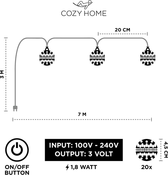 LED Lichterkette – 7 Meter | Mit Netzstecker NICHT batterie-betrieben | 20 LEDs warm-weiß | Kugeln Orientalisch | Deko Silber – kein lästiges austauschen der Batterien