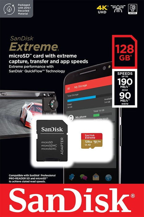 Extreme microSDXC UHS-I Speicherkarte 128 GB + Adapter (Für Smartphones, Actionkameras und Drohnen, A2, C10, V30, U3, 190 MB/s Übertragung)