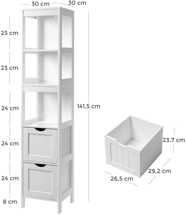 Hochschrank, Badezimmerschrank, Aufbewahrung von Badutensilien, mit 2 Schubladen und 3 offenen Fächern, 30 x 30 x 141,5 cm, Badezimmer, Wohnzimmer