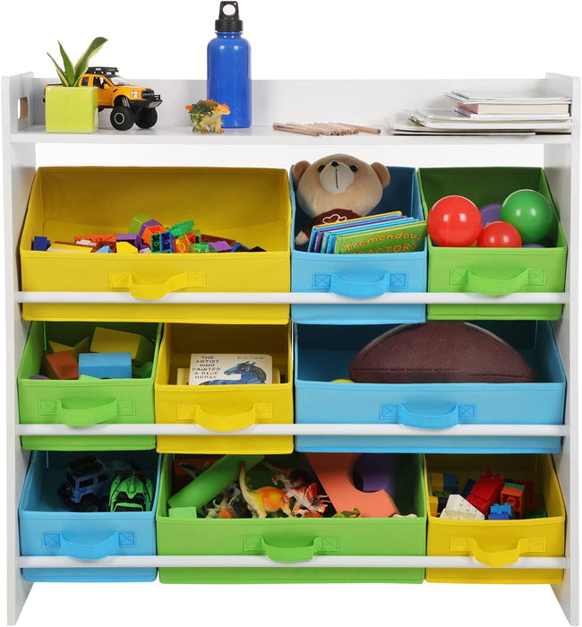 Kinderzimmerregal, Spielzeug-Organizer mit fürs herausnehmbaren 9 Vlieskörben, Weißer und Kinderzimmer, Bücherregal Rahmen Spielzeug
