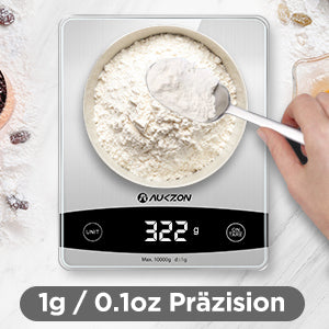 Küchenwaage Digital, AUKZON 1g Präzision/10KG Küchenwaage Digitalwaage mit Großer Gehärtetem Glas Wägefläche, LED Display