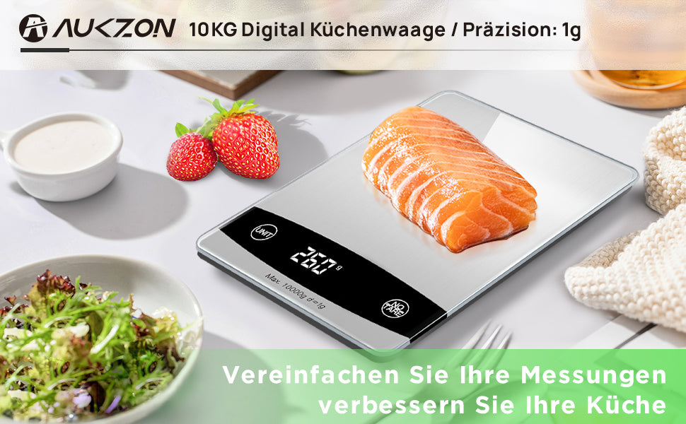 Küchenwaage Digital, AUKZON 1g Präzision/10KG Küchenwaage Digitalwaage mit Großer Gehärtetem Glas Wägefläche, LED Display