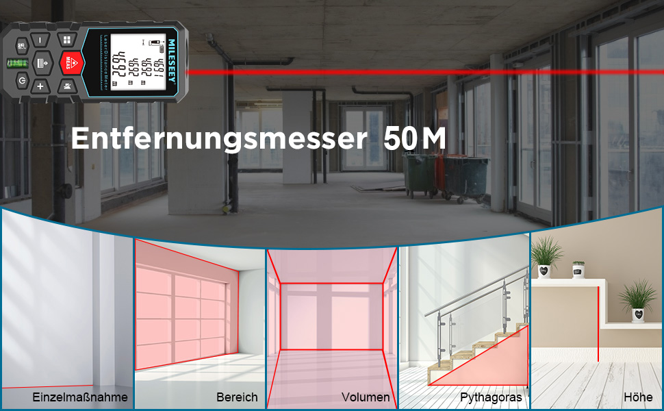 Laser Entfernungsmesser Profi,±2mm Genauigkeit Entfernungsmesser, Flächen und Volumenmessung,Lasermessgerät 50M,M/In/Ft/Ft+In Einheiten