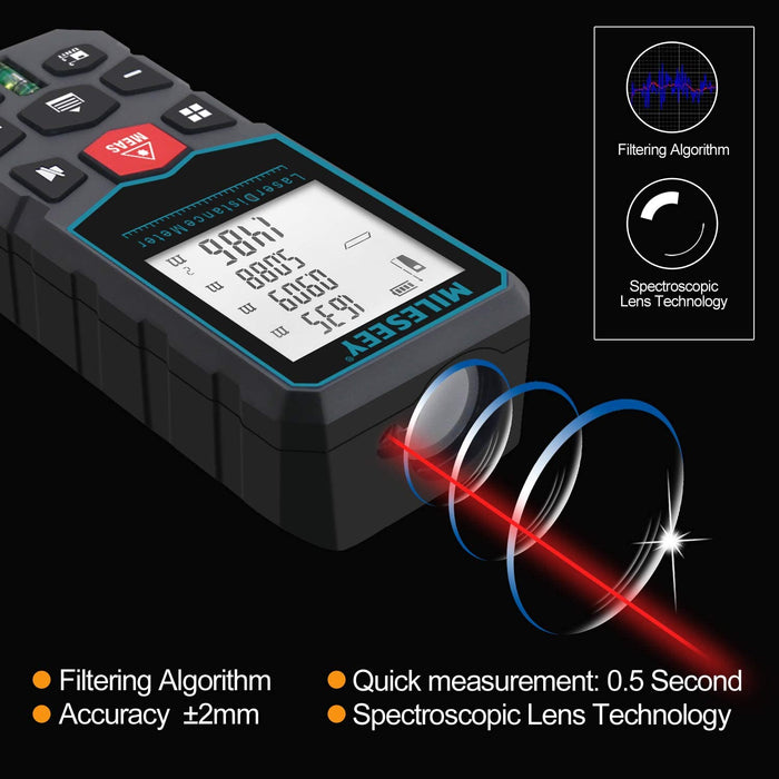 Laser Entfernungsmesser Profi,±2mm Genauigkeit Entfernungsmesser, Flächen und Volumenmessung,Lasermessgerät 50M,M/In/Ft/Ft+In Einheiten