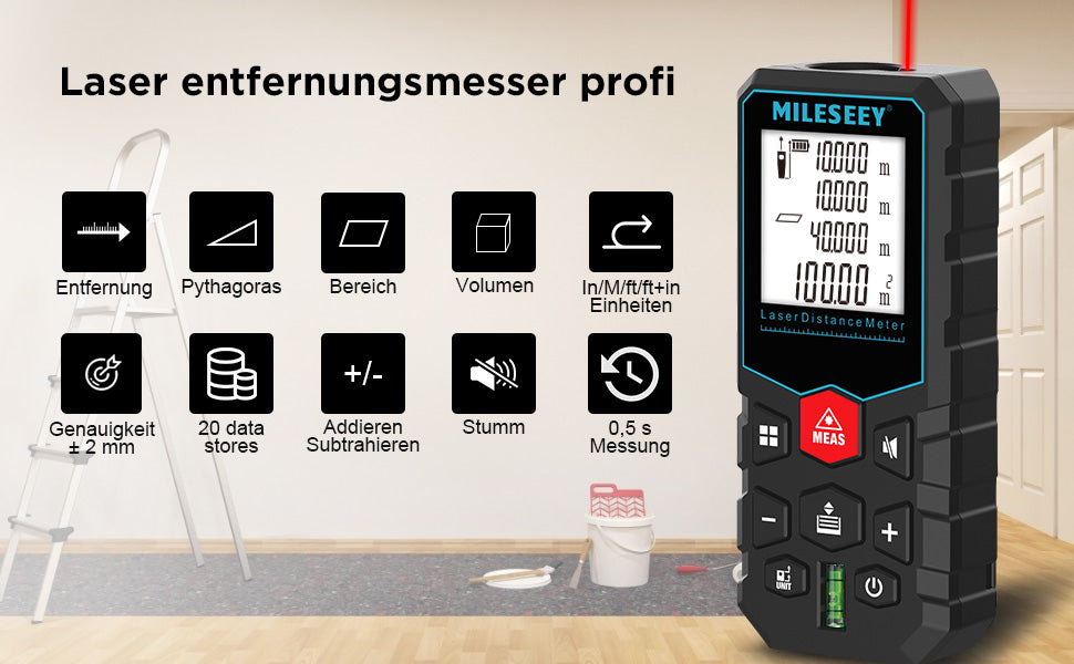 Laser Entfernungsmesser Profi,±2mm Genauigkeit Entfernungsmesser, Flächen und Volumenmessung,Lasermessgerät 50M,M/In/Ft/Ft+In Einheiten