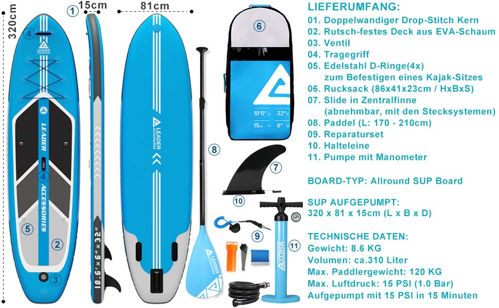 Leader Accessories All-Round SUP Board aufblasbar SUP Brett Stand Up Paddle Board 