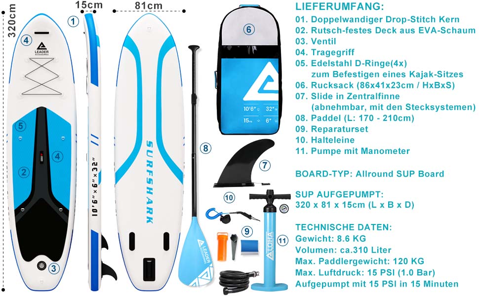 Leader Accessories All-Round SUP Board aufblasbar SUP Brett Stand Up Paddle Board