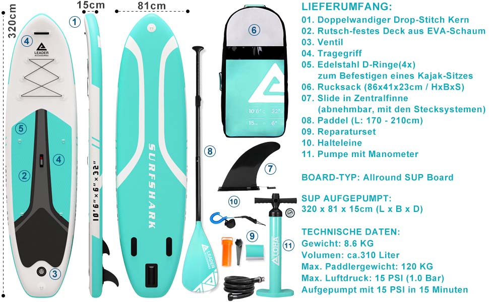 Stand Up Paddle Board - Leader Accessories All-Round SUP Board aufblasbar SUP Brett	