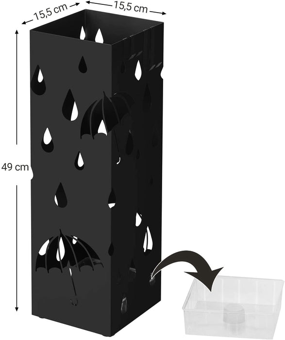 Regenschirmständer aus Metall, quadratischer Schirmständer, Wasserauffangschale herausnehmbar, mit Haken, 15,5 x 15,5 x 49 cm, Schwarz