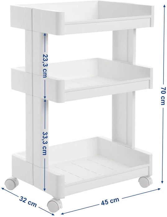 Rollwagen PP Allzweckwagen, für Küche Bad, Aufbewahrung Küchenwagen Küchenregal mit Rollen Badregal Badwagen 3 Ablagefächer Weiß