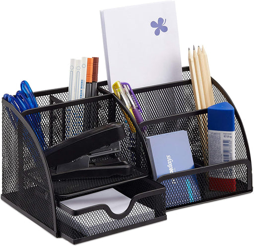 Schreibtischorganizer 6 Ablagen, kompakter Büroorganizer Metall, Schublade, Zettehalter, Stifteköcher, schwarz