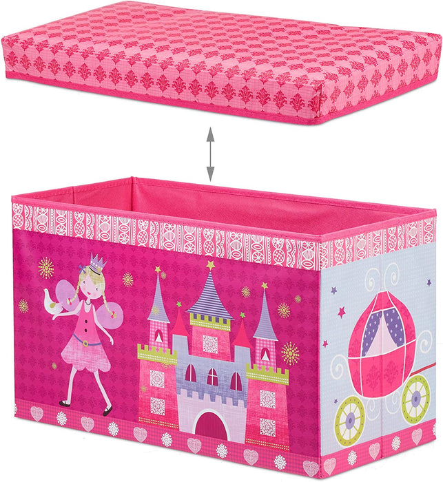 Sitzbox Kinder, Faltbare Aufbewahrungsbox mit Stauraum, Deckel, Prinzessin & Fee, 50 Liter, platzsparend, pink, Prinzessin