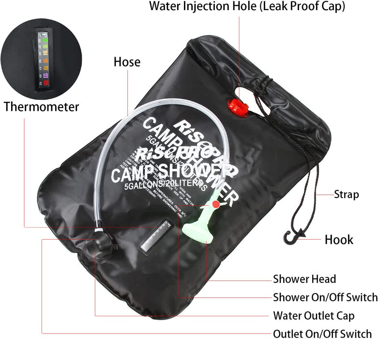 Solar Dusche Tasche, RISEPRO 5 Gallonen/20L Solar Heizung Camping Dusche Tasche mit Temperatur Hot Wasser 45 °C Wandern Klettern