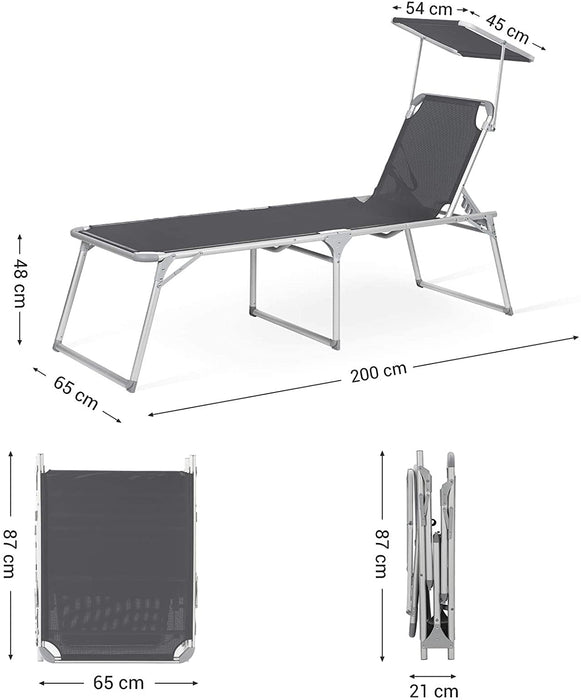 Sonnenliege, Liegestuhl, Gartenliege, extra groß, 65 x 200 x 48 cm, bis 150 kg belastbar, mit Sonnendach, Rückenlehne verstellbar, klappbar, Garten