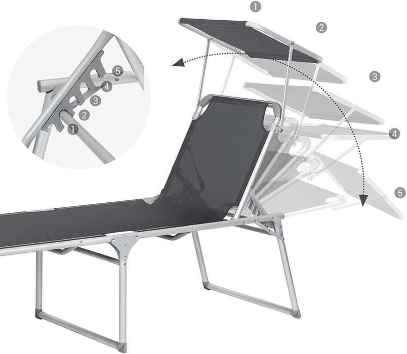 Sonnenliege, Liegestuhl, Gartenliege, extra groß, 65 x 200 x 48 cm, bis 150 kg belastbar, mit Sonnendach, Rückenlehne verstellbar, klappbar, Garten