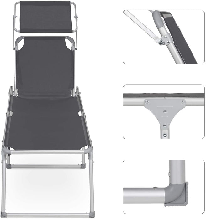Sonnenliege, Liegestuhl, Gartenliege, extra groß, 65 x 200 x 48 cm, bis 150 kg belastbar, mit Sonnendach, Rückenlehne verstellbar, klappbar, Garten