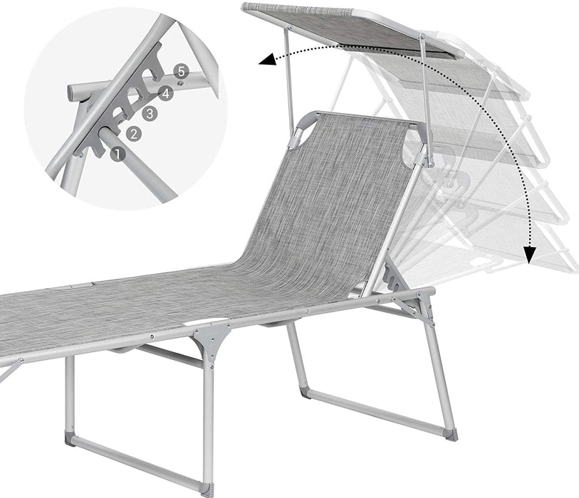 Sonnenliege, Liegestuhl, Gartenliege, extra groß, 65 x 200 x 48 cm, bis 150 kg belastbar, mit Sonnendach, Rückenlehne verstellbar, klappbar, Garten
