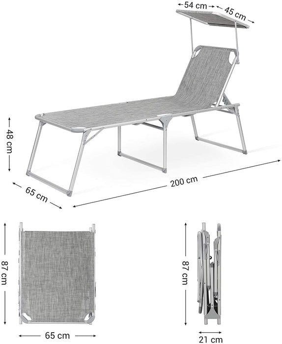 Sonnenliege, Liegestuhl, Gartenliege, extra groß, 65 x 200 x 48 cm, bis 150 kg belastbar, mit Sonnendach, Rückenlehne verstellbar, klappbar, Garten