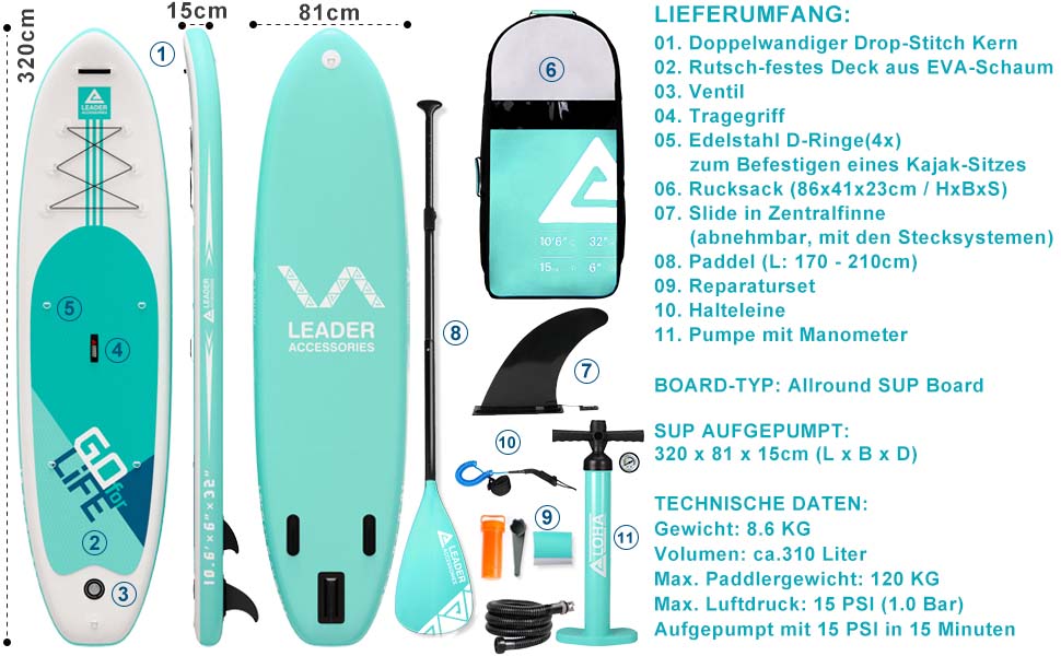 Stand Up Paddle Board - Leader Accessories All-Round SUP Board aufblasbar SUP Brett 