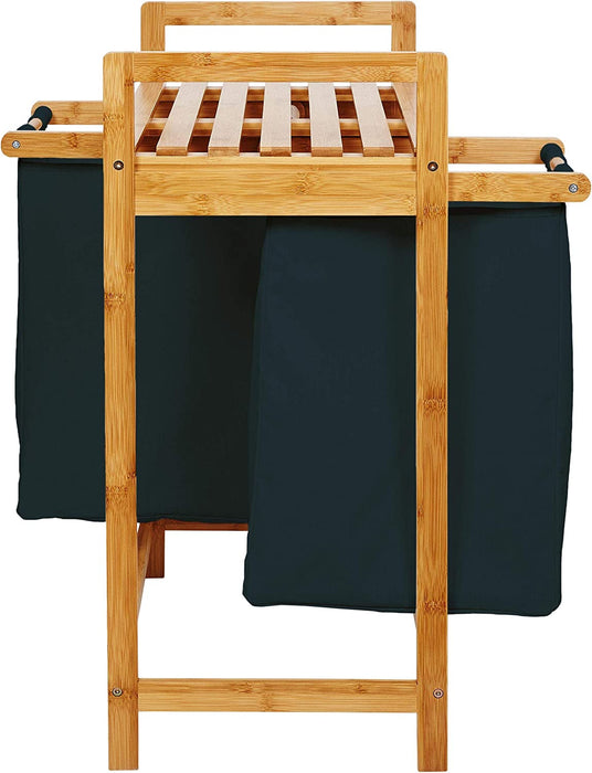 Wäschekorb aus Bambus mit 2 ausziehbaren Wäschesäcken | Größe ca. 73 cm Höhe x 64 cm Breite x 33 cm Tiefe, Farbe: Petrol