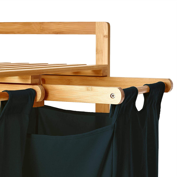 Wäschekorb aus Bambus mit 2 ausziehbaren Wäschesäcken | Größe ca. 73 cm Höhe x 64 cm Breite x 33 cm Tiefe, Farbe: Petrol
