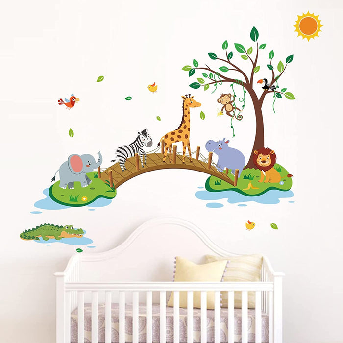 Wandtattoo Dschungel Tiere Baum Wandaufkleber Elefant Giraffe Löwe Gehen auf Brücke Wandsticker Babyzimmer Kinderzimmer Schlafzimmer Wanddeko