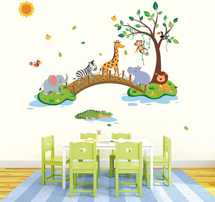 Wandtattoo Dschungel Tiere Baum Wandaufkleber Elefant Giraffe Löwe Gehen auf Brücke Wandsticker Babyzimmer Kinderzimmer Schlafzimmer Wanddeko