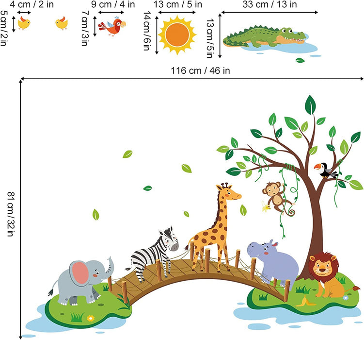 Wandtattoo Dschungel Tiere Baum Wandaufkleber Elefant Giraffe Löwe Gehen auf Brücke Wandsticker Babyzimmer Kinderzimmer Schlafzimmer Wanddeko