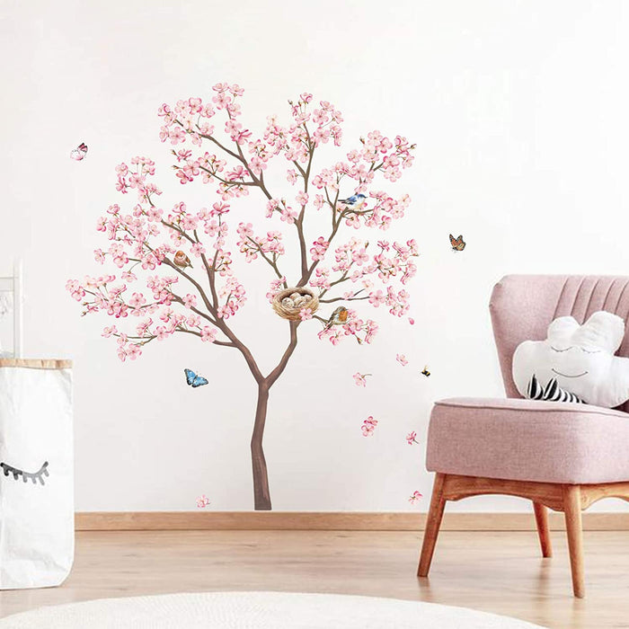 Wandtattoo Rosa Kirschblüte Wandsticker Vögeln auf Baum Wandaufkleber Blumen Rosa Wandsticker Wohnzimmer Schlafzimmer Büro Wanddeko(H 100cm)