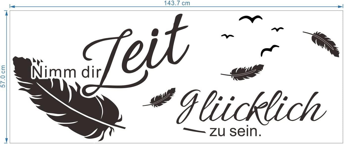 Wandtattoo Sprüche und Zitate Nimm Dir Zeit glücklich zu Sein Vögel Federn Wandsticker Schwarz Wandaufkleber Schlafzimmer Büro Wohnzimmer Wanddeko