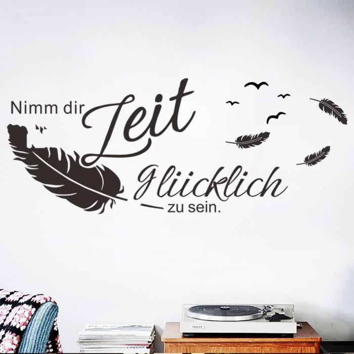 Wandtattoo Sprüche und Zitate Nimm Dir Zeit glücklich zu Sein Vögel Federn Wandsticker Schwarz Wandaufkleber Schlafzimmer Büro Wohnzimmer Wanddeko