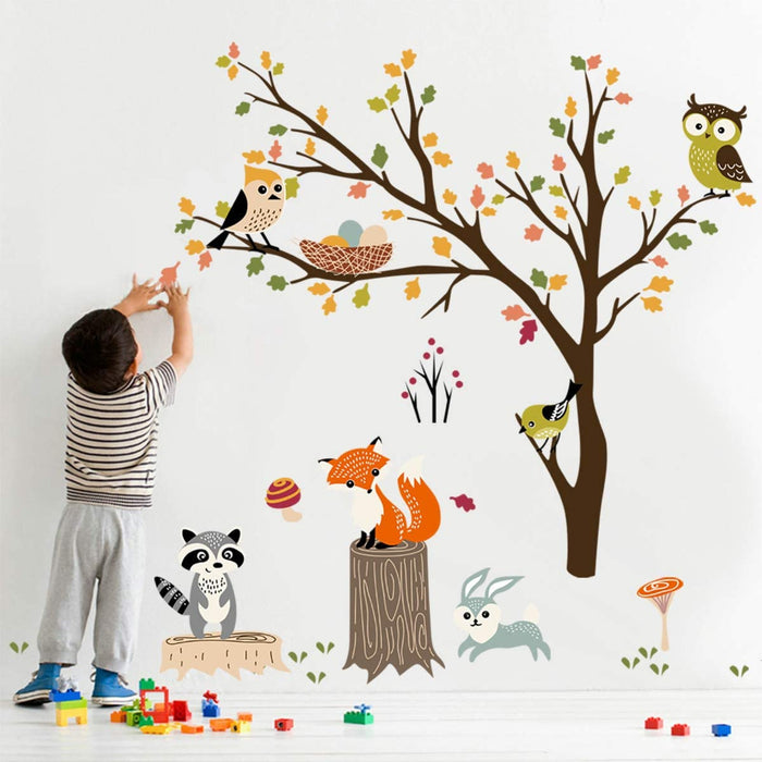 Wandtattoo Waldtiere Baum Wandsticker Eule Fuchs Hirsch Wandaufkleber Kinderzimmer Babyzimmer Schlafzimmer Wanddeko