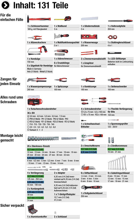 Werkzeugkoffer 131-teilig - Stabiler Alu-Koffer - Werkzeug-Set - Für Haushalt, Garage & Werkstatt / Profi Werkzeugkoffer befüllt / Werkzeugkiste 