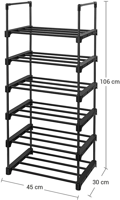 Schuhregal mit 6 Ablagen, Schuhständer aus Metall, platzsparendes Standregal, multifunktional, Flur, Wohnzimmer, Schlafzimmer oder Küche, 45 x 30 x 106 cm, schwarz