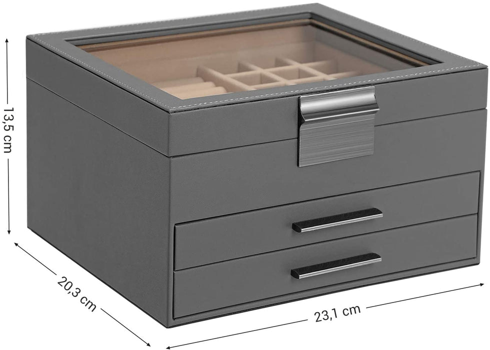 Schmuckkästchen mit Glasdeckel, Schmuckkasten mit 3 Ebenen, Schmuckbox mit 2 Schubladen, Schmuckaufbewahrung, Geschenk für Ihre Liebsten, grau