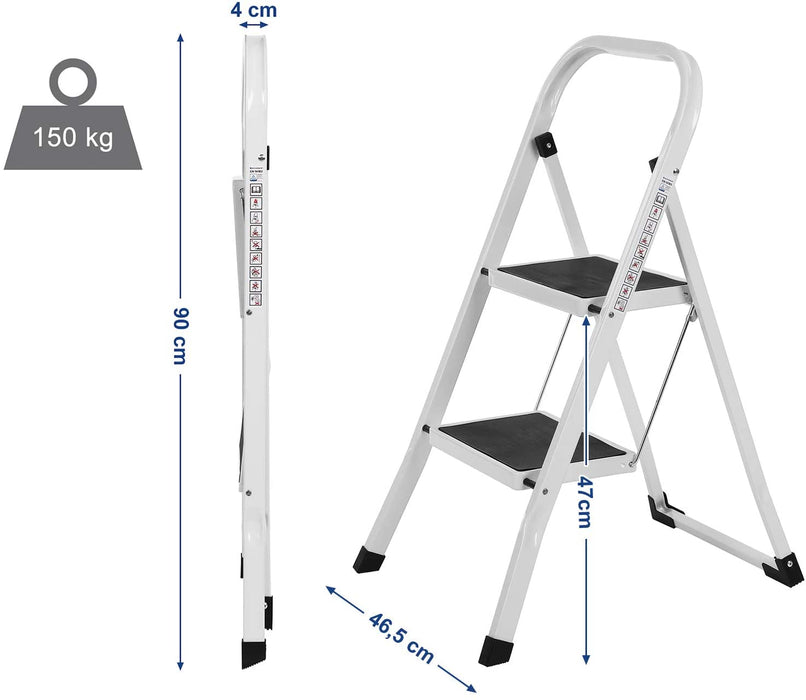 Trittleiter, Leiter mit 2 Stufen, Klapptritt, Klappsicherung, einfach zu verstauen, bis 150 kg belastbar, vom TÜV GS nach EN14183 zertifiziert, weiß