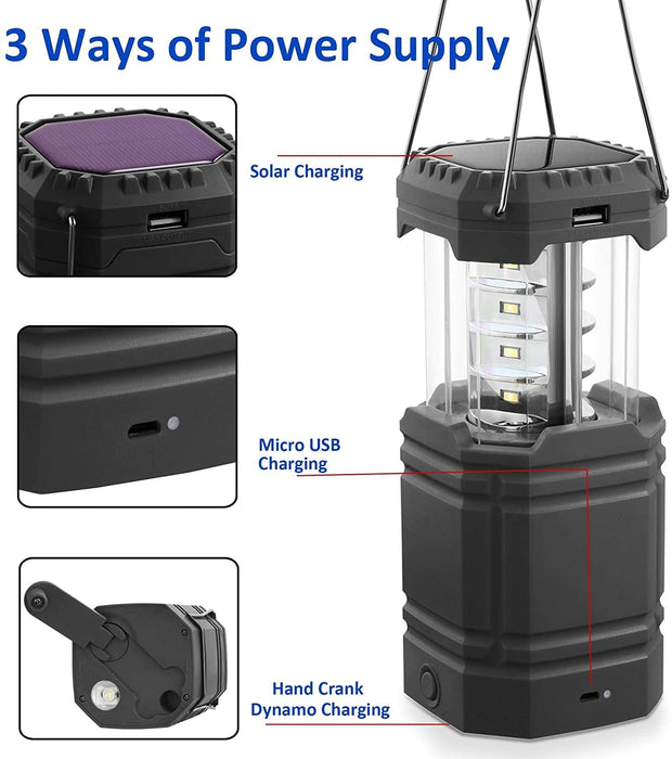 Solar Camping Handkurbel Laterne, Tragbare Ultrahelle LED-Taschenlampe, USB-Ladegerät, 3000mAh Power Bank, Laterne für den Außenbereich, Notfall