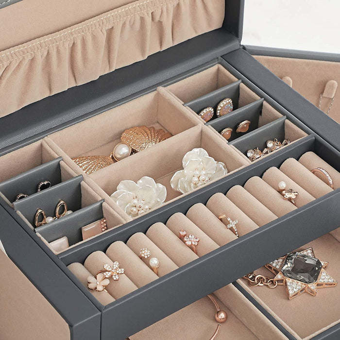 Schmuckkasten, Schmuckkästchen mit 2 Schubladen, abschließbarer Schmuck-Organizer mit Spiegel, herausnehmbare Reise-Box, für Ringe, Armbänder