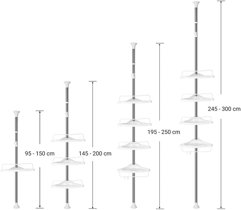 Duschregal höhenverstellbar, Eckregal fürs Badezimmer, Badregal, 95-300 cm, Boden bis Decke, Edelstahl, 4 Ablagen, 3 Haken, 1 Handtuchhalter