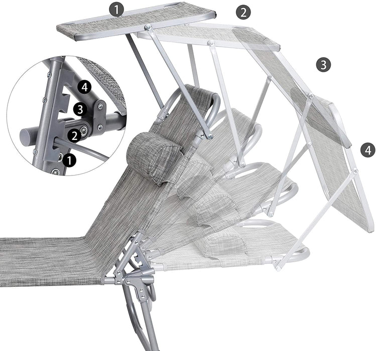 Sonnenliege, Liegestuhl, Gartenliege, mit Kopfstütze und Sonnendach, Rückenlehne verstellbar, leicht, klappbar, 53 x 193 x 29,5 cm, bis 150 kg