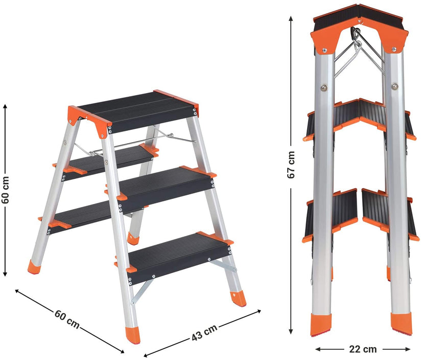 Leiter 3 Stufen, Trittleiter, Aluleiter, A-Form, beidseitig, 12 cm breite Stufen mit Riffelung, Haushaltsleiter, rutschfeste Füße, bis zu 150 kg