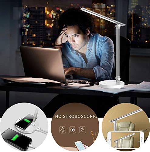 Schreibtischlampe LED, 5 Farben und 5 Helligkeitsstufen, Faltbare Augenschutz Tischlampe mit Drahtlosem Ladegerät und USB-Anschluss, Nachttischlampe